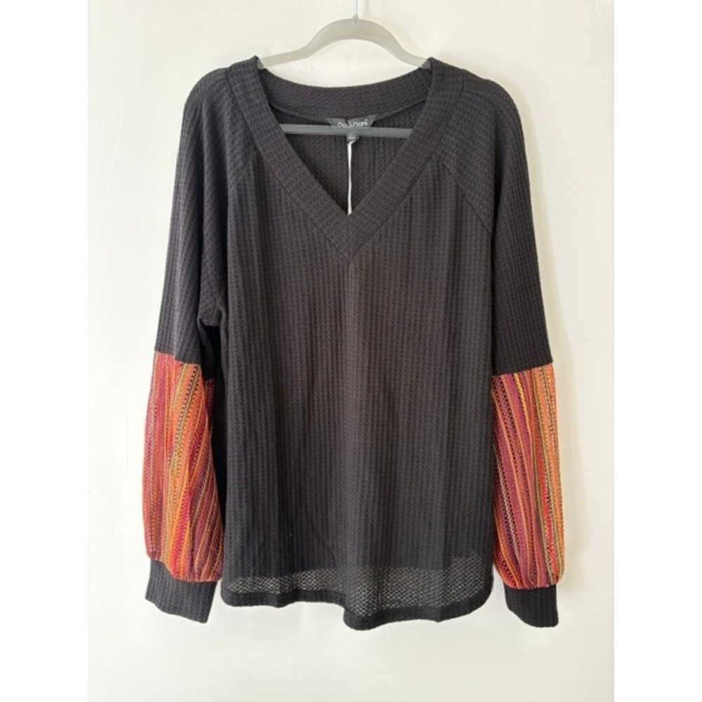 Davi & Dani Black Waffle Knit Top Multi Color Crochet Sleeve V-Neck 3XL NEW